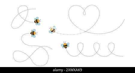 Cartoon Bee Fliegen auf einer gepunkteten Route. Vektordarstellung auf Hintergrund isoliert. Stock Vektor