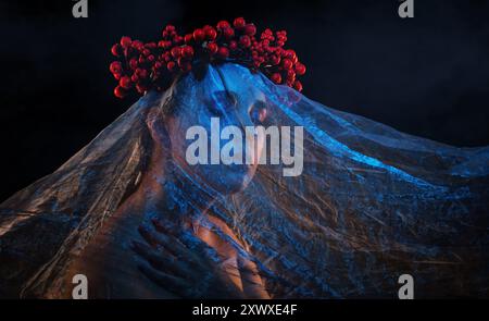 Ein Mädchen mit wunderschönem Make-up, ihr Gesicht ist bedeckt mit blauem Tüll, ein Kranz voller Beeren auf dem Kopf. Halloween-Konzept. Stockfoto