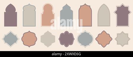 Alte islamische Fensterform im orientalischen Stil. Arabische Rahmen, Rahmen oder arabische Moscheebögen in Pastellfarben. EID-mubarak-Tore, geometrische Designelemente der muslimischen Architektur oder marokkanische Türen. Stock Vektor