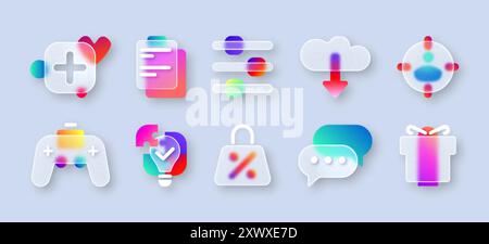 Transparentes, mattes Glasmorphismus-ui-Symbol mit unscharfem Neonverlauf für Geschäftsstrategie, Gamepad, Social Chat, Geschenkbox, Einkaufstasche. 3D-Tasten, Symbole für mobile Apps mit Glasmorphismus-Effekt Stock Vektor