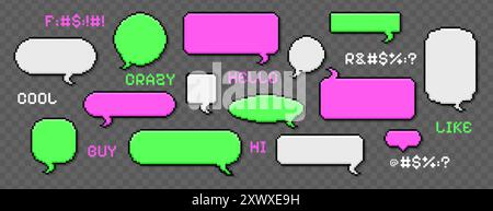 Pixelbild-Sprechblasen Set. Dialogfelder im Retro-Spielstil auf transparentem Hintergrund. Leere Chat-Kommunikationsbox, Sprechballon mit schwörenden Wörtern, SMS. 8 Bit pixelige Dialogwolken, Telegramme Stock Vektor