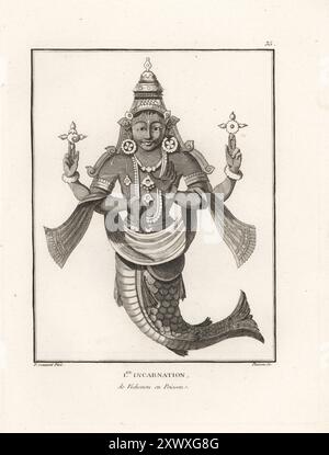 Der hinduistische Gott Vishnu als Fischavatar Matsya in der ersten Inkarnation. Vishnu mit Blumen und Schmuck und dem Schwanz eines Fisches. Premiere Inkarnation de Vichenou en Poisson. Kupferstich von Jean-Baptiste Marie Poisson nach einer Illustration von Pierre Sonnerat aus seiner Voyage aux Indes Orientales et à la Chine (Reise nach Ostindien und China, Dentu, Paris, 1806). Stockfoto