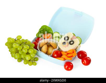 Lunchbox mit Sandwich, frischem Gemüse, Keksen und Trauben isoliert auf weiß Stockfoto