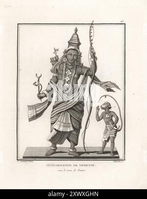 Hindugott Vishnu als Lord Rama, sechste Inkarnation. Mann mit grünem Körper, bewaffnet mit Bogen und Pfeilen, begleitet von seinem Gefährten Hanuman. Sixieme Inkarnation de Vichenou sous le nom de Rama. Kupferstich von Jean-Baptiste Marie Poisson nach einer Illustration von Pierre Sonnerat aus seiner Voyage aux Indes Orientales et à la Chine (Reise nach Ostindien und China, Dentu, Paris, 1806). Stockfoto