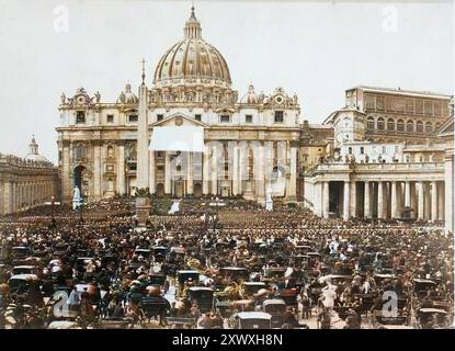 Papst Pius IX. (Giovanni Maria Mastai Ferretti, 1792–1878) auf dem Petersplatz verkündet die Eröffnung des ersten Vatikanischen Ökumenischen Konzils in Rom am 8. Dezember 1869. Digital coloriertes Bild – Stockfoto