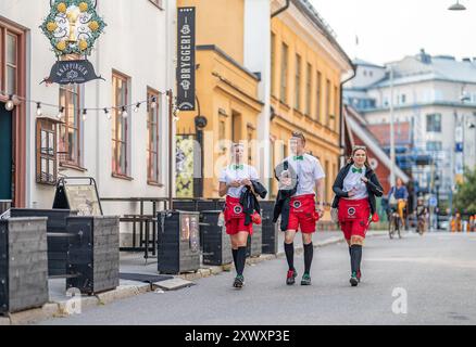 Studierende in Kostümen treffen sich zu Beginn ihres ersten Jahres für Nolle-P, einen traditionellen Empfang, auf dem Campus Norrköping in Liu Stockfoto