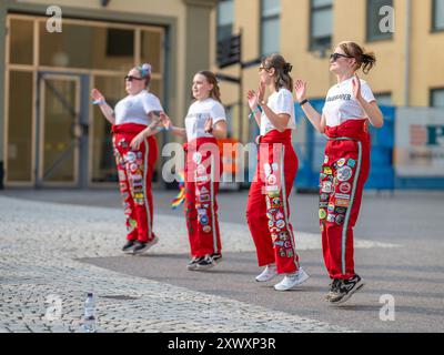 Studierende in Kostümen treffen sich zu Beginn ihres ersten Jahres für Nolle-P, einen traditionellen Empfang, auf dem Campus Norrköping in Liu Stockfoto