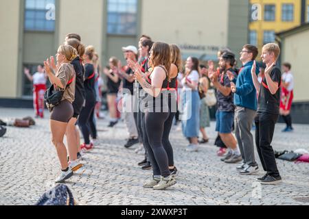 Studierende in Kostümen treffen sich zu Beginn ihres ersten Jahres für Nolle-P, einen traditionellen Empfang, auf dem Campus Norrköping in Liu Stockfoto