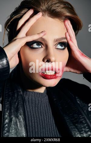 Eine Frau in einer Lederjacke und dunkler Kleidung posiert mit verschmiertem Make-up auf ihrem Gesicht. Stockfoto