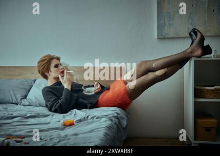 Frau mit kurzen roten Haaren in Grunge-Kleidung raucht auf dem Bett und sieht weg. Stockfoto