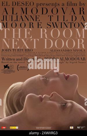 The Room Next Door (2024) von Pedro Almodóvar mit Julianne Moore, Tilda Swinton und Alessandro Nivola. Marthas angespannte Beziehung zu ihrer Mutter bricht völlig, wenn sie durch ein Missverständnis auseinandergetrieben werden. Ihre gemeinsame Freundin Ingrid sieht beide Seiten des Grabens. US-Poster mit einem Blatt ***NUR FÜR REDAKTIONELLE ZWECKE***. Quelle: BFA / Warner Bros Stockfoto