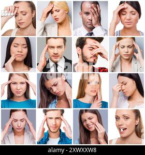 Schmerzen und Schmerzen. Collage verschiedener multiethnischer Menschen, die unter verschiedenen Schmerzen und Schmerzen leiden Stockfoto