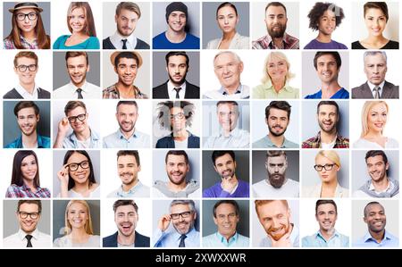 Vielfältige Menschen. Collage verschiedener multiethnischer und gemischter Altersgruppen, die unterschiedliche Emotionen ausdrücken Stockfoto
