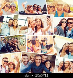 Wir lieben Selfie! Collage verschiedener multiethnischer Jugendlicher, die Selfie machen und Positivität ausdrücken Stockfoto