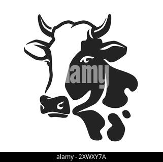 Kuhkopf mit Hörner-Logo. Milchbetrieb, Milchwappen oder -Symbol. Einfache monochrome Zeichnung Vektor-Illustration Stock Vektor