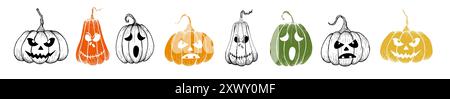 Vektor-Set mit halloween gruselig orange, grüner Kürbis mit Augen. Handgemalte lineare Abbildung. Schwarzweiß-Grafik für Tätowierungen und magische Hand Stock Vektor