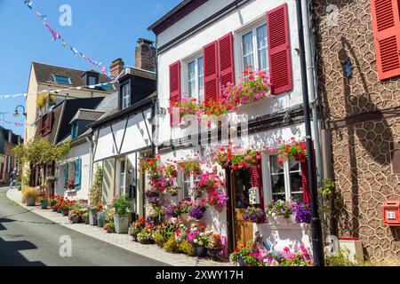 Helle Blumen vor alten traditionellen Häusern in der Rue des Moulins, St. Valery sur Somme, Somme, Picardy, Frankreich Stockfoto