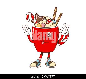 Retro-grooviger Weihnachtseier mit Eierlikör-Charakter. Isolierter Cartoonvektor-roter Becher gefüllt mit festlichem Eierlikör-Getränk, Zuckerstangen, Waffelstäbchen und Marshma Stock Vektor