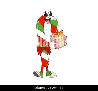Grooviger Weihnachtsschmuck mit einer Geschenkbox und Schleife. Isolierter Karikaturvektor-Zuckerrohr dekoriert mit leuchtendem Rot, Grün und W Stock Vektor