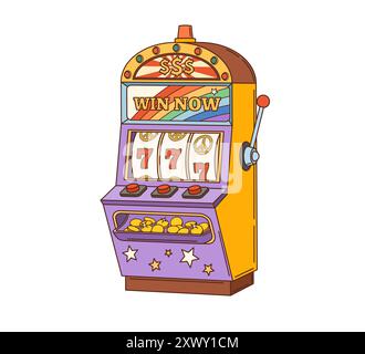 Spielautomat mit Retro-Zeichentrickfilm. Isolierter Vektor ein bewaffneter Bandit zeigt eine Gewinnkombination von drei glücklichen Sieben auf dem Bildschirm. Vegas Glücksspiel Stock Vektor