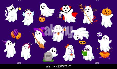 Cartoon Kawaii Halloween Geister Charaktere. Isolierte Vektor-Set von niedlichen lächelnden Spoks fliegen, Spaß haben, entzückende Kostüme tragen und einen charmin hinzufügen Stock Vektor
