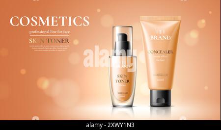 Kosmetikproduktvorlage für Frauen mit Concealer Tube und Skin Toner Flaschenverpackung, Vektor-Anzeigenposter. Frauen Hautpflegeflaschen Mockups von Hauttoner und Face Imperfection Concealer mit mattem Effekt Stock Vektor