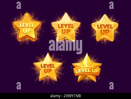 Level-up-Rang, Spielsternabzeichen oder Popup-Symbole. Isolierte Vektoren Gold, Auszeichnung gui oder ui Medaillen, glänzende Rangfolge. Set mit Elementen für die Benutzeroberfläche des Menüs „Bewertung von Bonussternen“, „Gewinner“ oder „Champion Dankation“ Stock Vektor