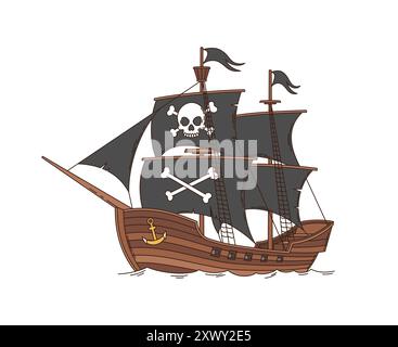 Cartoon grooviger Piraten und Korsar Segelschiff. Isolierte Vektor alte Seefregatte mit schwarzen Segeln, Jolly roger Schädel, Flagge und hölzernem Rumpf. Buccaneer Brigantine auf Meereswellen, bereit für Abenteuer Stock Vektor