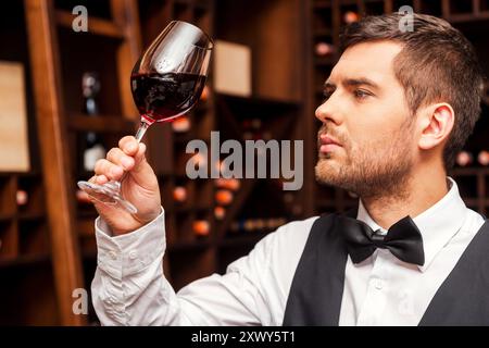 Dieser Wein ist einfach perfekt. Selbstbewusster männlicher Sommelier, der Glas mit Wein untersucht, während er in der Nähe des Holzregals steht Stockfoto