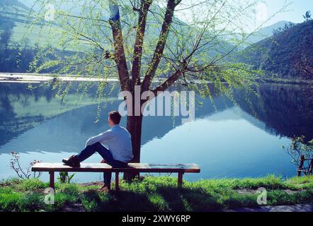 Mann, der auf der Bank sitzt und auf den See blickt. Cangas del Narcea, Asturien, Spanien. Stockfoto