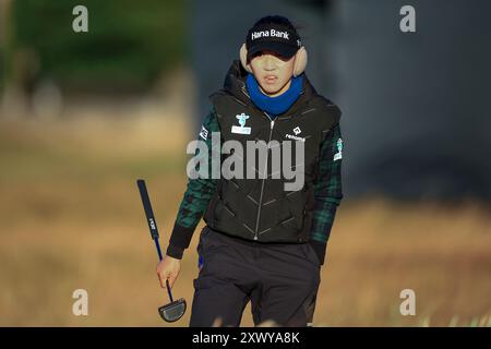 August 2024; Old Course in St Andrews, St Andrews, Fife, Schottland; AIG Womens Open Golf, Übungstag 3; Lydia Ko aus Neuseeland auf dem Old Course, St Andrews Links während des Pro-am bei den AIG Women's Open Stockfoto