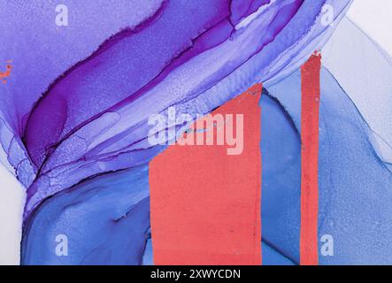 Lebendiges abstraktes Kunstwerk mit Violett, Blau und Rot mit fließenden Wirbeln und scharfen Kanten Stockfoto