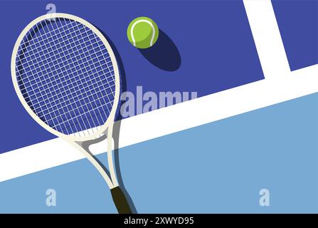 Rasen-Tennisschläger liegt in der Nähe von Ball auf Tennisplatz, Blick von oben, Tennisturnier Poster, Vektor Stock Vektor