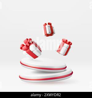 3D-Geschenkboxen mit weißem Podium. Stock Vektor