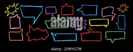 Buntstift-Set mit Sprechblasen. Sammlung von handgezeichneten Kreideblitzen, Blitzen, Sternschildern. Untergeordnete farbige Dialogfelder. Vektorpastellfarbene Handschriftenkomic Stock Vektor
