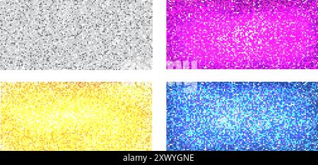 Disco Ball Kollektion mit farbenfrohen Mustern. Violette, gelbe und blaue quadratische Mosaikhintergründe. Nachtclub mit rosa blauen und goldenen Hintergründen mit Spiegel Stock Vektor