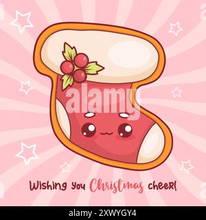 Süßer Weihnachts-Lebkuchenstrumpf mit stechpalme. Festliche Neujahrsgrußkarte mit traditionellem Kawaii-Zeichentrickcharakter und lustigem Slogan. Vect Stock Vektor