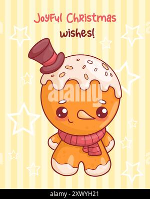 Niedlicher Weihnachtskuchenmann Schneemann in Hut Top und Schal. Festliche Karte mit traditioneller, süßer Kawaii-Zeichentrickfigur und lustigem Slogan. Vektor krank Stock Vektor