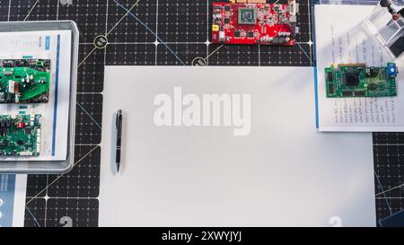 Kreativer Arbeitsbereich Eines Professionellen Ingenieurs Mit Leerem Whitepaper Für Skizzen Und Komponenten Der Mikroelektronik. Vorlage für digitale Präsentation, Erstellung industrieller Inhalte und Kommunikation Stockfoto