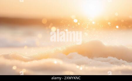 Glitzernder Schnee und goldenes Stundenlicht, mit traumhaftem Glühen-Bokeh bei Sonnenuntergang, elegantem Natur-Winterhintergrund, festlicher Natur-Hintergrund für die Weihnachtszeit Stockfoto