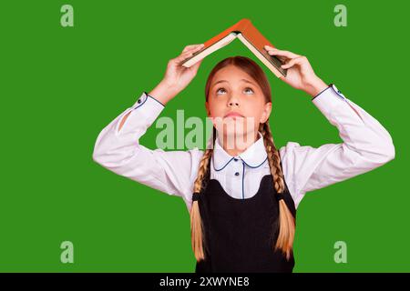 Nahaufnahme Porträt von ihr sie hübsch attraktiv hübsches freches Mädchen aus der Jugend, das über Kopf akademisches Buch hält erste September-Klasse isoliert über hell Stockfoto