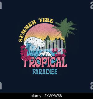 Sommer-Vibe tropisches Paradies Strandlandschaft Grafik T-Shirt Stock Vektor