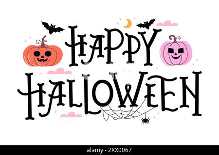 Happy Halloween Kalligraphie. Dekorativer Schriftzug mit Kürbissen, Fledermäusen, Spinnennetz. Vektorillustration isoliert auf weiß Stock Vektor