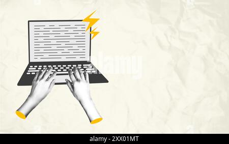 Halbtonhände mit Laptop-Computer-Collage-Vektor-Illustration Stock Vektor