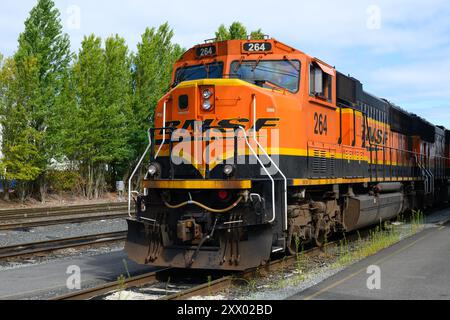 Seattle – 18. August 2024; BNSF SD75M Güterlokomotive mit Logo und Swoosh-Marke auf der Zugnase Stockfoto