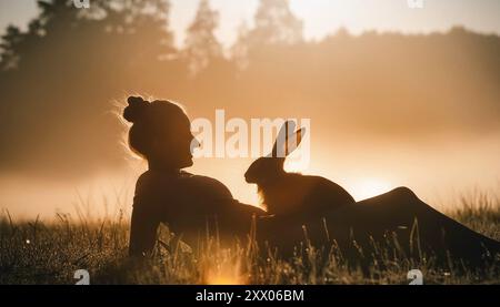 Silhouette einer jungen Frau, die im Gras liegt, mit ihrem Geistertier-Kaninchen, hinterleuchtet bei Sonnenuntergang in goldener Stunde, symbolisch spirituelle Verbindung Stockfoto