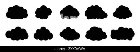 Satz von Wolken in verschiedenen Formen in schwarzer Silhouette auf weißem Hintergrund. Wolken Vektorset. Vektorabbildung. Stock Vektor