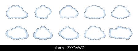 Satz von Wolken in verschiedenen Formen in weißer Farbe und schwarzen Strichen auf weißem Hintergrund. Wolken Vektorset. Vektorabbildung. Stock Vektor