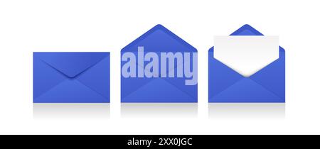 Satz realistischer blauer Kuverts an verschiedenen Positionen. Gefalteter und ungefalteter Umschlagrucksack Stock Vektor
