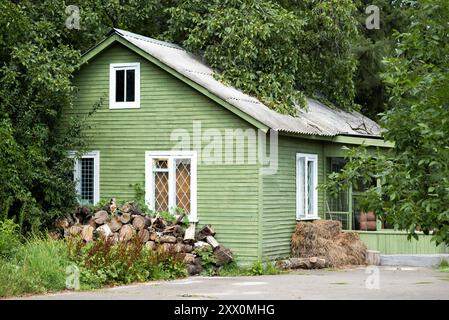 Einstöckiges grünes Holzhaus mit Dach ist im Sommer von Grün umgeben. Altes traditionelles Holzhaus. Grünes Vintage-Landhaus Stockfoto
